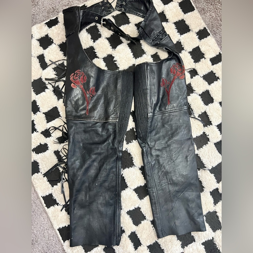 Shaf Black Leather Chaps with Red Rose Appliqué